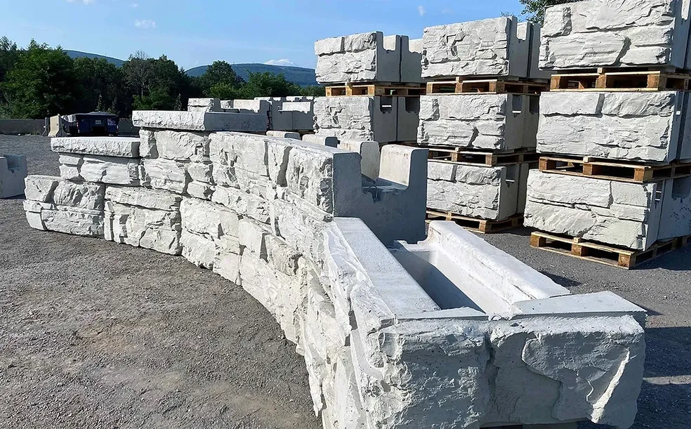 Casey Concrete large-format retaining wall blocks in production yard