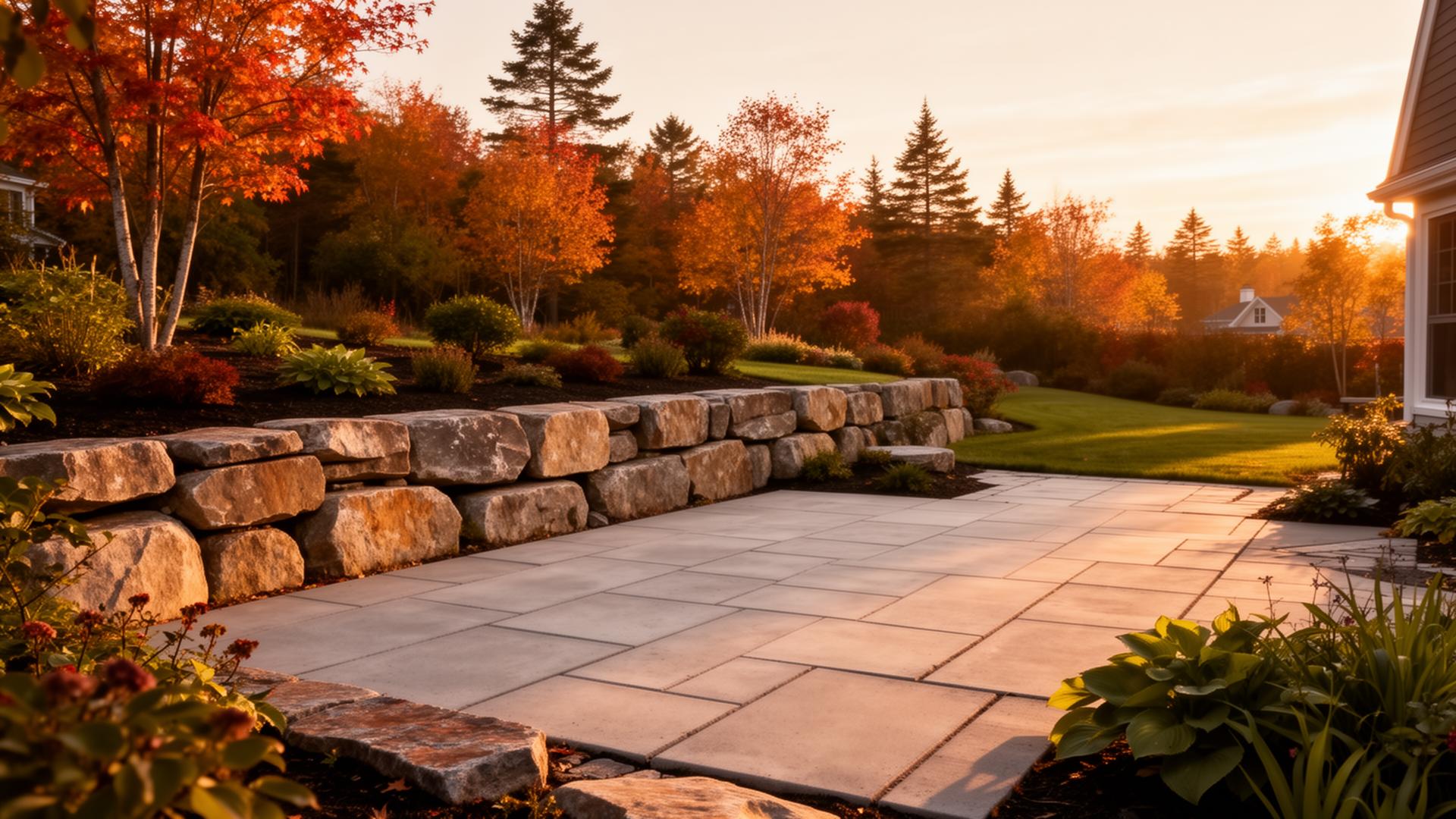 Atlantic Canadian landscaped backyard with natural stone wall and concrete pavers